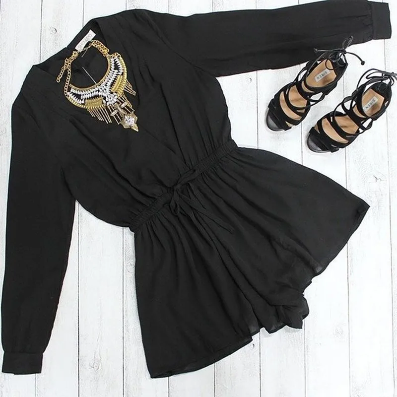 2017 Женский шифоновый комбинезон Короткий женский на груди с длинным рукавом