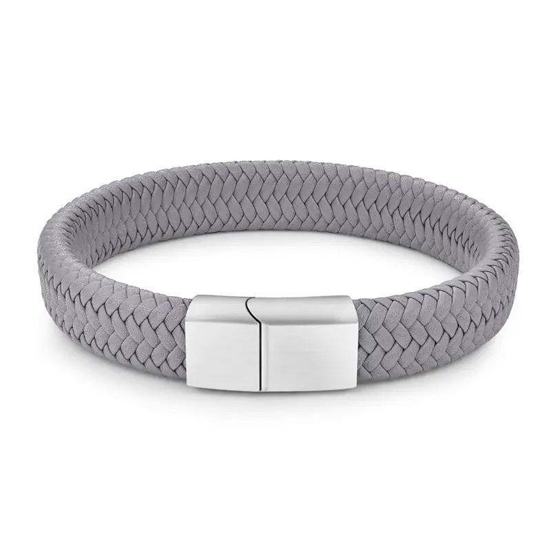 Grey 1 Jiayiqi панк Для мужчин плетеный кожаный браслет ювелирных изделий черный/коричневый Нержавеющая сталь Магнитная застежка Модные браслеты 18,5/22/20,5 см - Окраска металла: Grey 1