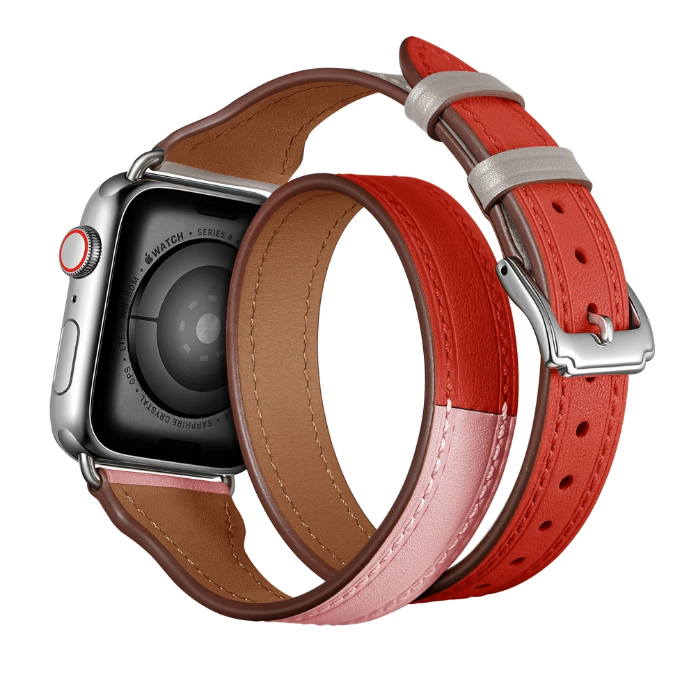 Двойной петлей для наручных часов Apple Watch 38 мм 40 42 44 Натуральная кожа ремешок iWatch