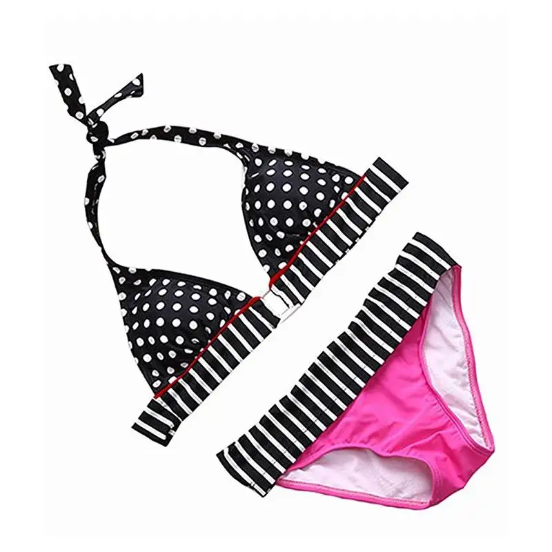 Женский Бандажное бикини с лямкой на шее купальник пуш ап в горошек и полоску