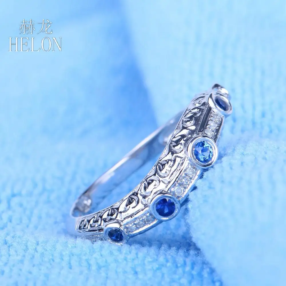 

HELON Sterling Silver 925 Art Vintage Wedding Band 0.3CT Natural Sapphires Diamonds Ring Women Antique Engagement Fine Jewelry