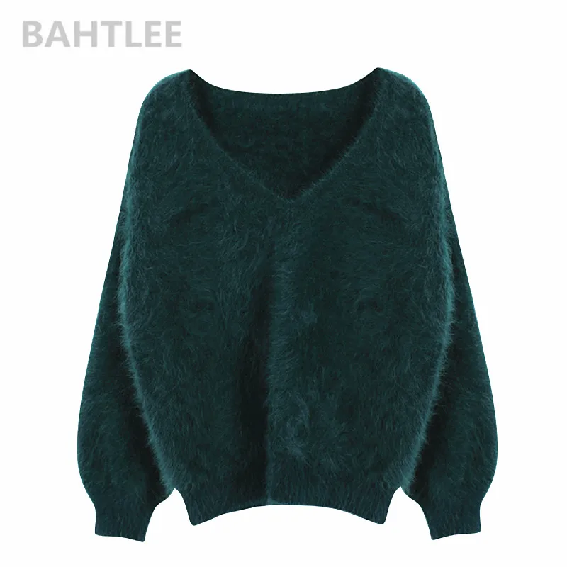 GREEN BAHTLEE зимний женский джемпер из Ангорского Кролика, свитер с v-образным вырезом и рукавом-фонариком, норковый кашемировый вязаный пуловер, сохраняющий тепло, толстый свободный - Цвет: GREEN
