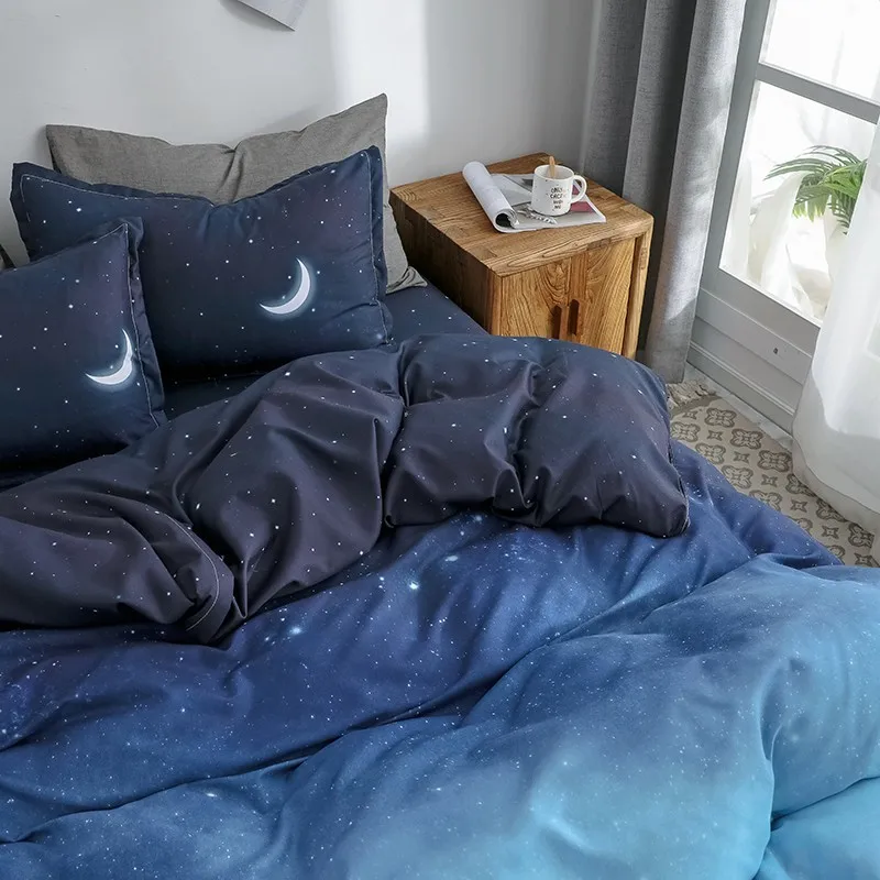 Starry Night Sky Bedding Sets Moon and Star Pattern Gradient Color Duvet Cover Set Bed Sheet Pillowcases for Boys Multi Size