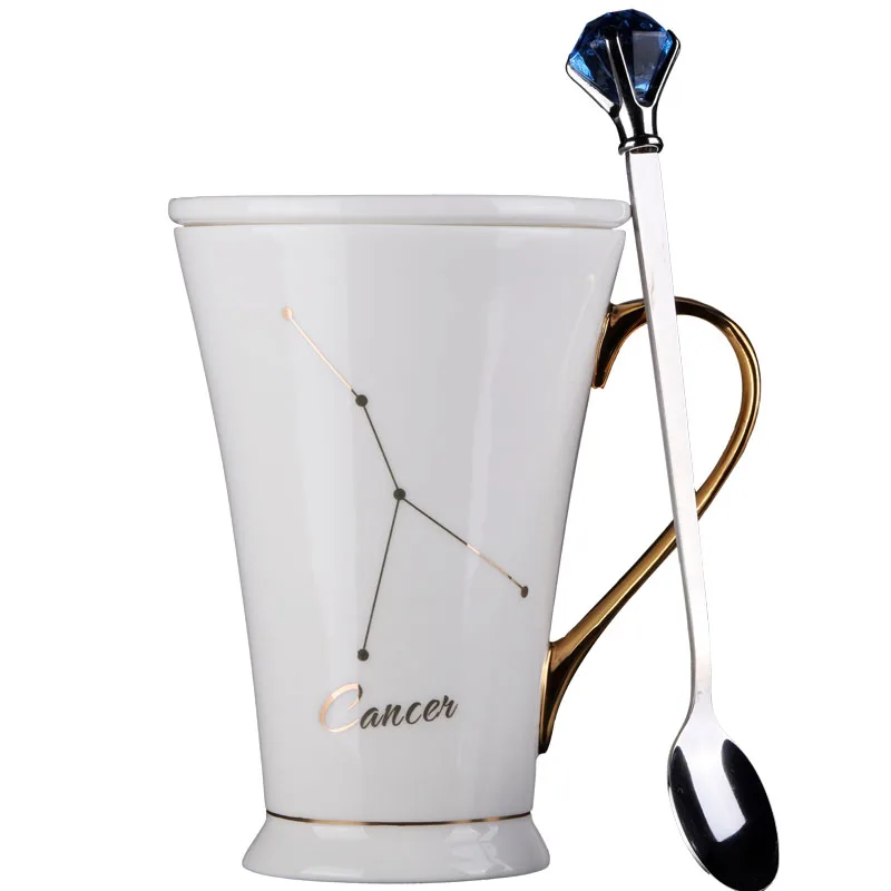 

12 Constellations White And Gold Bone China Porcelain Coffee Milk Mug With Stainless Steel Spoon Zodiac ceramic cup