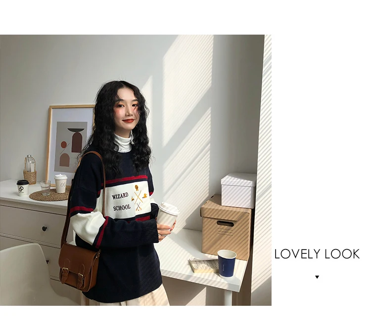 Woherb женский корейский Harajuku полосатый свитер женский пуловер Kawaii Ulzzang вышивка джемпер одежда для женщин 22873