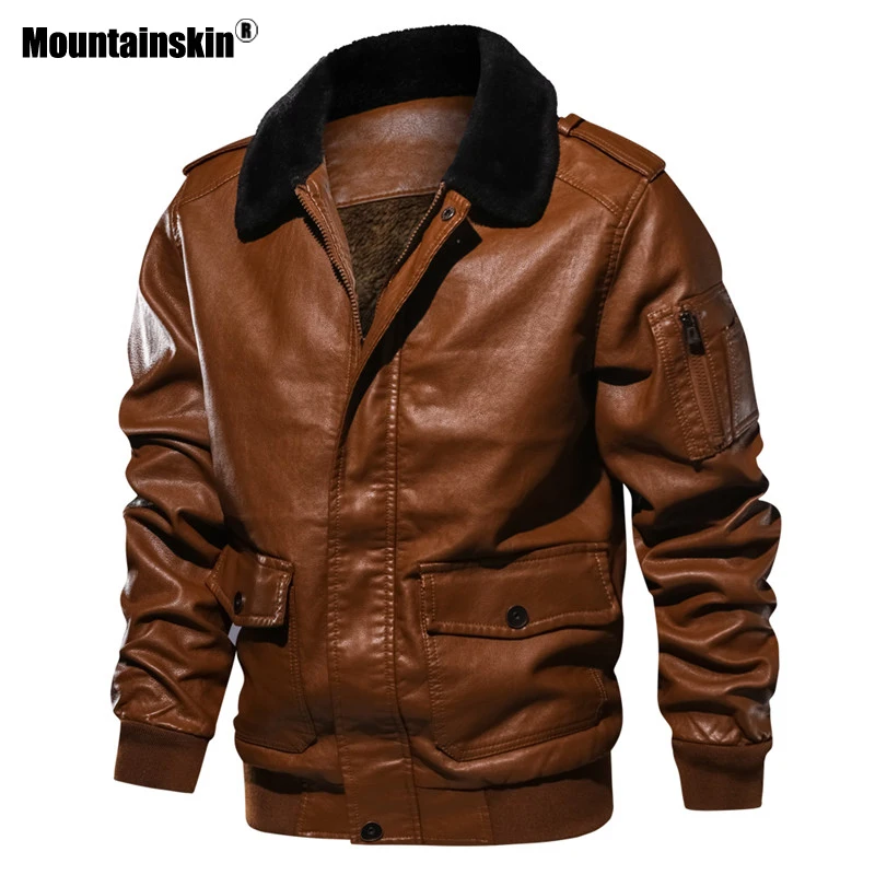 Мужская куртка бомбер из ПУ кожи Mountainskin теплая плотного бархата мотоциклетная