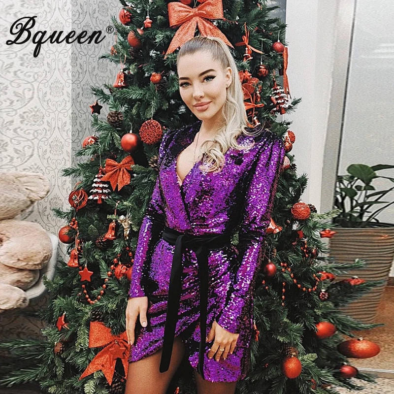 Женское Асимметричное мини платье Bqueen расшитое блестками с длинным рукавом и