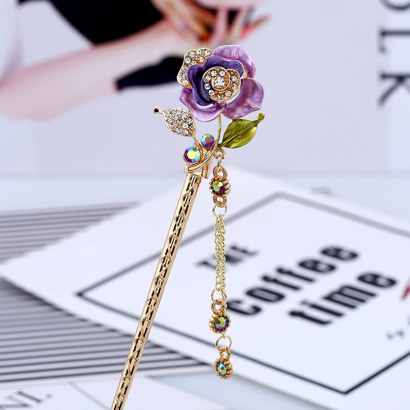 Chinese Traditional Hair Stick Women Handmade Metal Rhinestone Hairpin Fashion Classic Vintage Hair Accessories Tiara haarspeld - Окраска металла: Purple Color
