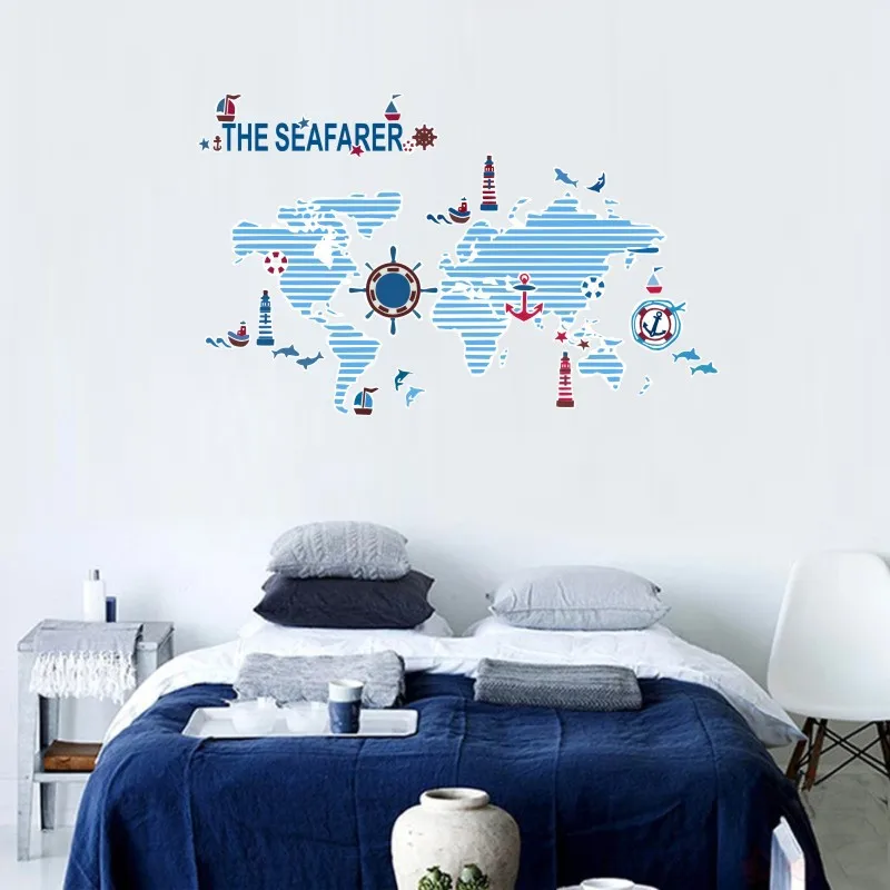 Моряк Мультфильм Темно Синий путешествия карта мира настенные наклейки для