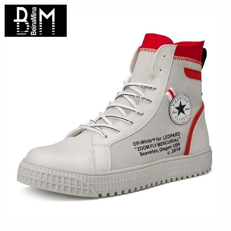 BEINAMINA модные Мужская обувь Повседневное высокие письмо на шнуровке парусиновая