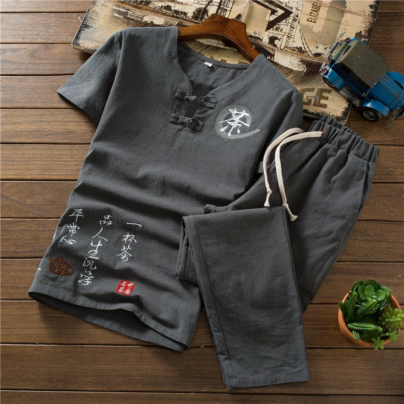 

Summer Men Two-Piece Set Cotton and Linen Short-Sleeve Male Tshirt With Pull-Up Strap Ankle Length Pants Large Size S-5XL