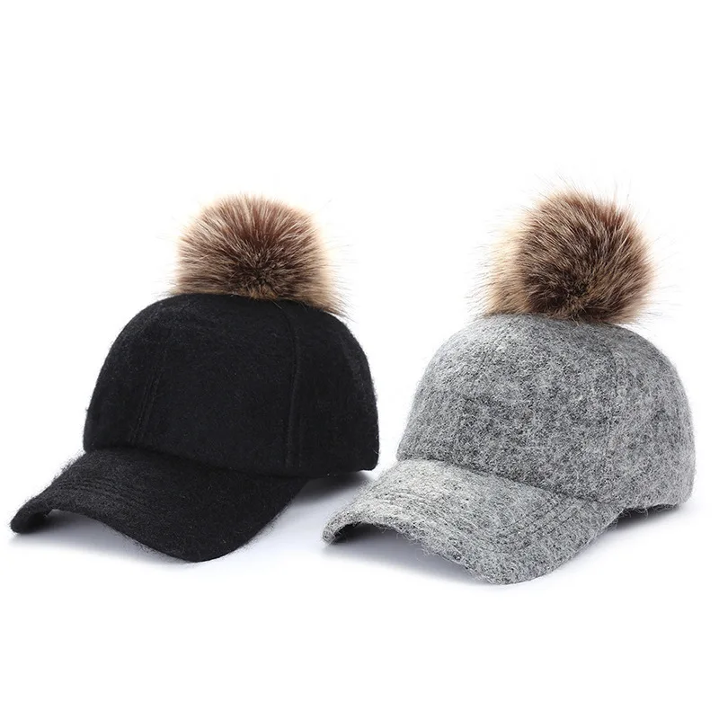 Хип-хоп фетровая бейсбольная кепка Женская Толстая теплая Кепка Snapback Женская Осенняя зимняя Модная Меховая кепка из полиэстера с помпонами