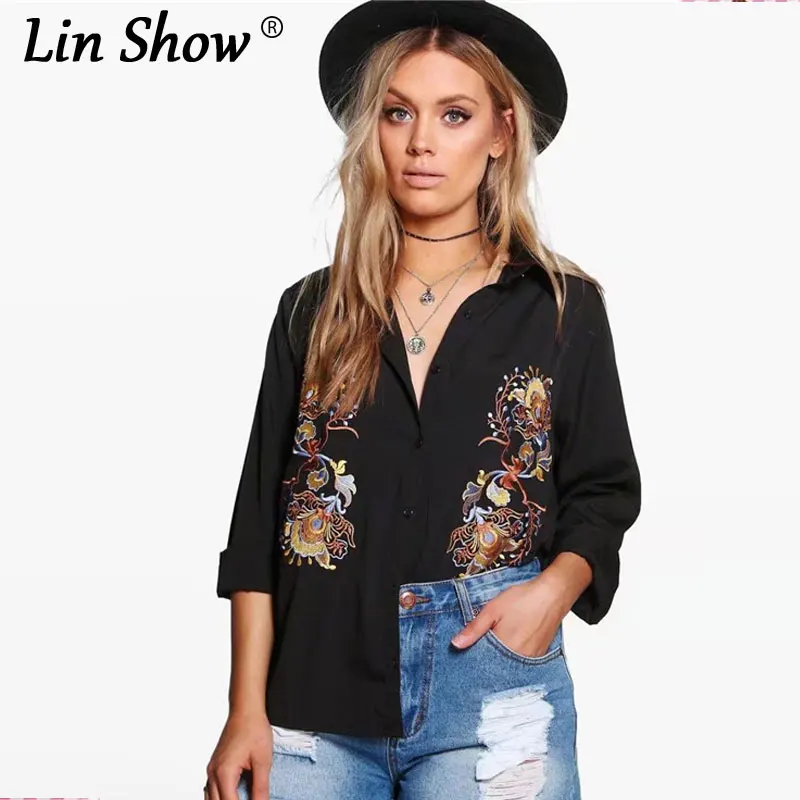 LINSHOW Цветочной Вышивкой Черный Дамы Топы С Длинным Рукавом Формальные Рубашки