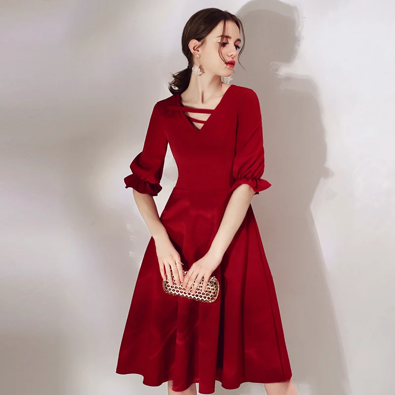 He's Bride New Simple Cocktail Dress V-neck Elbow Sleeve Zipper Back Formal Party Gown Robe De Soiree | Свадьбы и торжества
