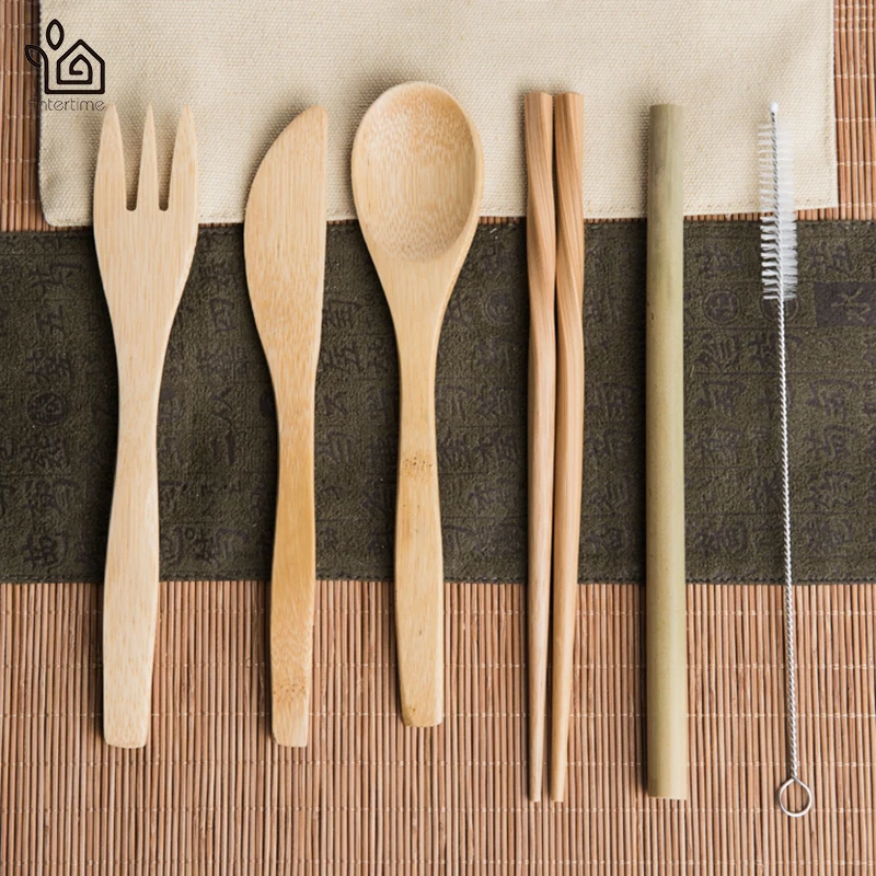Eco-содружественный набор столовых приборов из 7 предметов бамбуковой соломы с