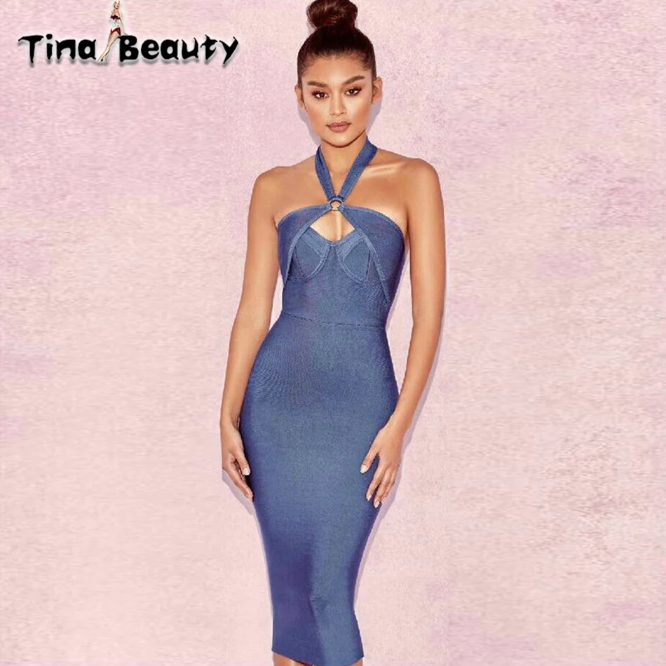 2018 лето синий женское платье без рукавов с лямкой через шею красный Бандажное