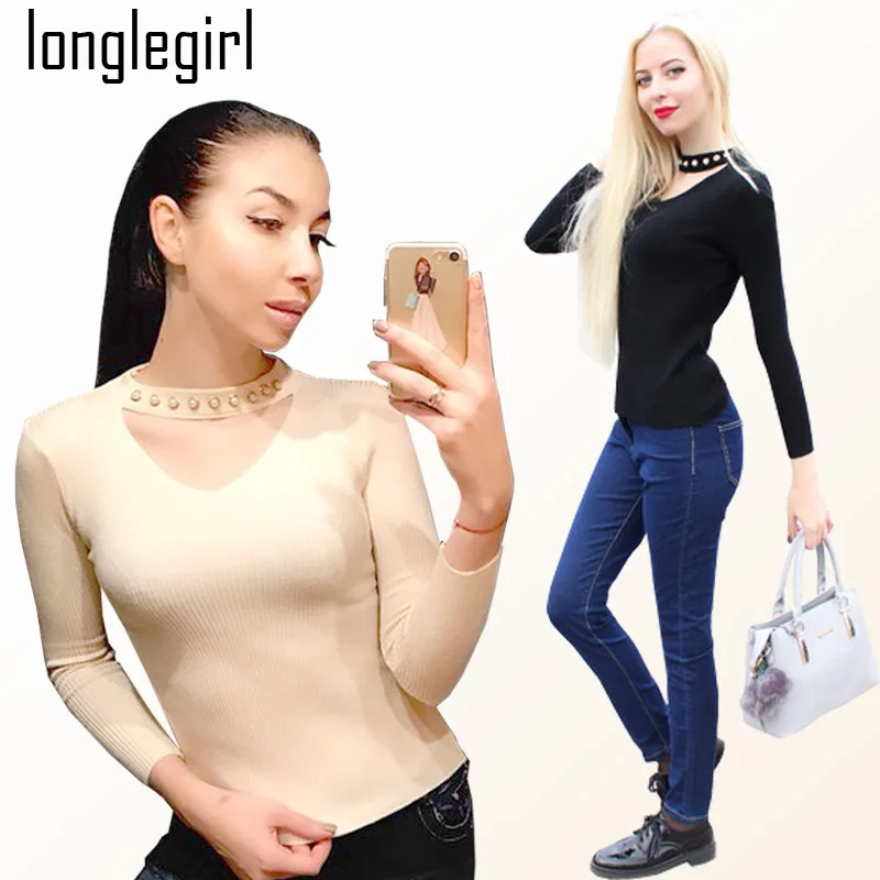 Spring Autumn Women Sweater Female Pullover Warm Top Black Long Sleeve Diamond Hollow Out V-neck Cotton Office Lady Slim | Женская