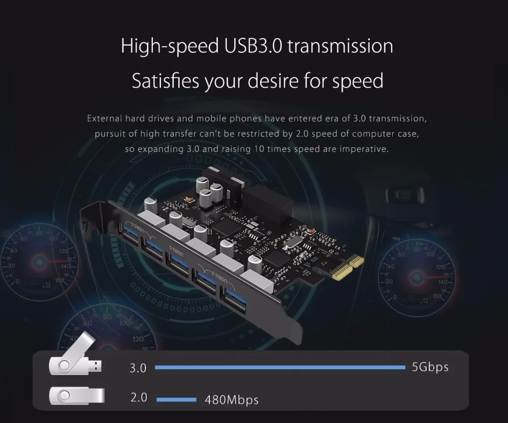 ORICO USB 3,0 карта расширения PCI-E 5 Порты Hub адаптер внешний контроллер Express карты с помощью 4-контактных Мощность разъем шнура
