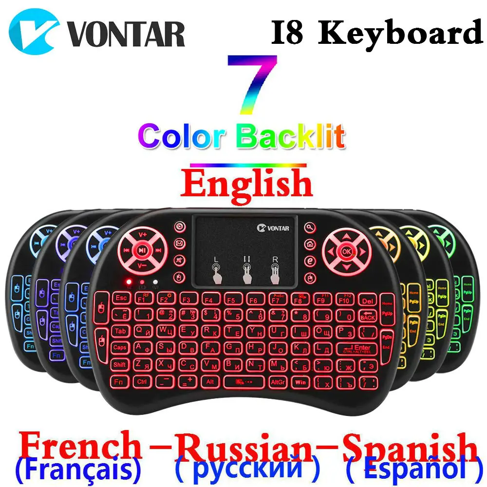 VONTAR с подсветкой i8 Мини Беспроводная клавиатура 2,4 ГГц Английский Французский Русский Испанский Air mouse Touchpad I8 пульт дистанционного управления для Android tv Box