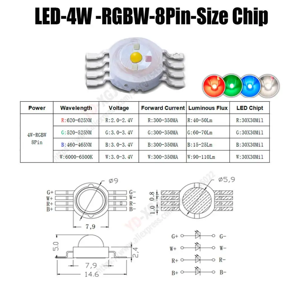 8Pin 4W RGBW Светодиодный чип высокой мощности RGB RGBW RGBWW RGBWY 3 Вт 4 Вт 5 Вт 6 Вт 15 Вт Красочный Светодиодный светильник для самостоятельного литья - Испускаемый цвет: 8Pin 4W RGBW