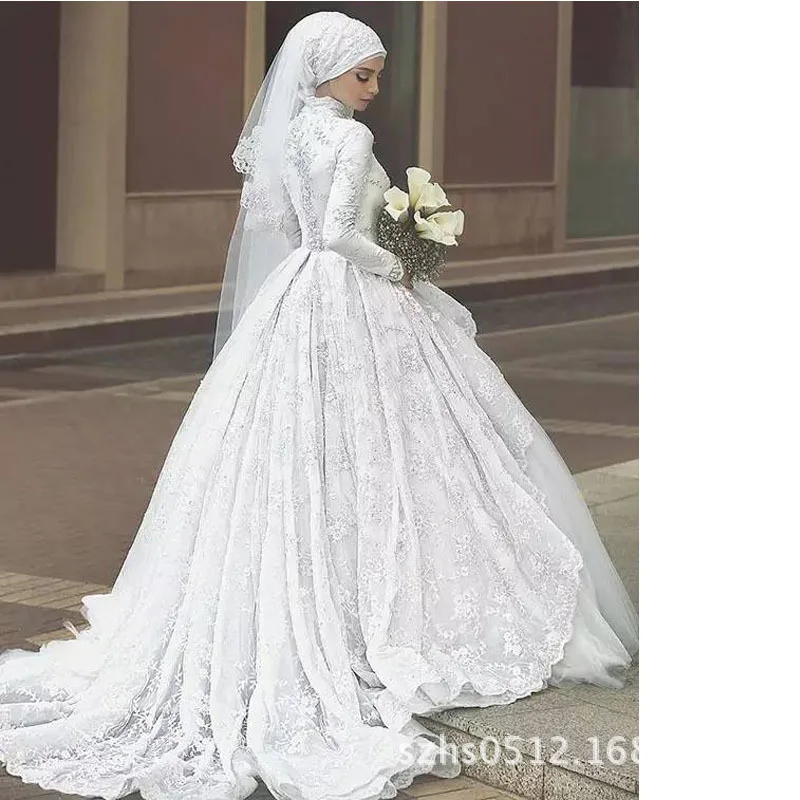 

Long Sleeve Turkey Bridal Gowns Handcraft Beads Pearls Red Muslim wedding Dress Hijab Ruched Robes De Maraige wedding gowns