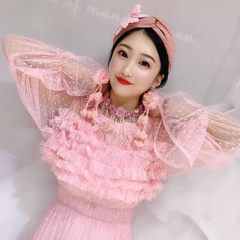 Женское Сетчатое платье однотонное до щиколотки с круглым вырезом длинными