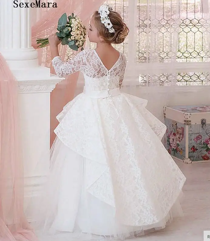 Платье для девочки цвета слоновой кости с длинным рукавом и круглым