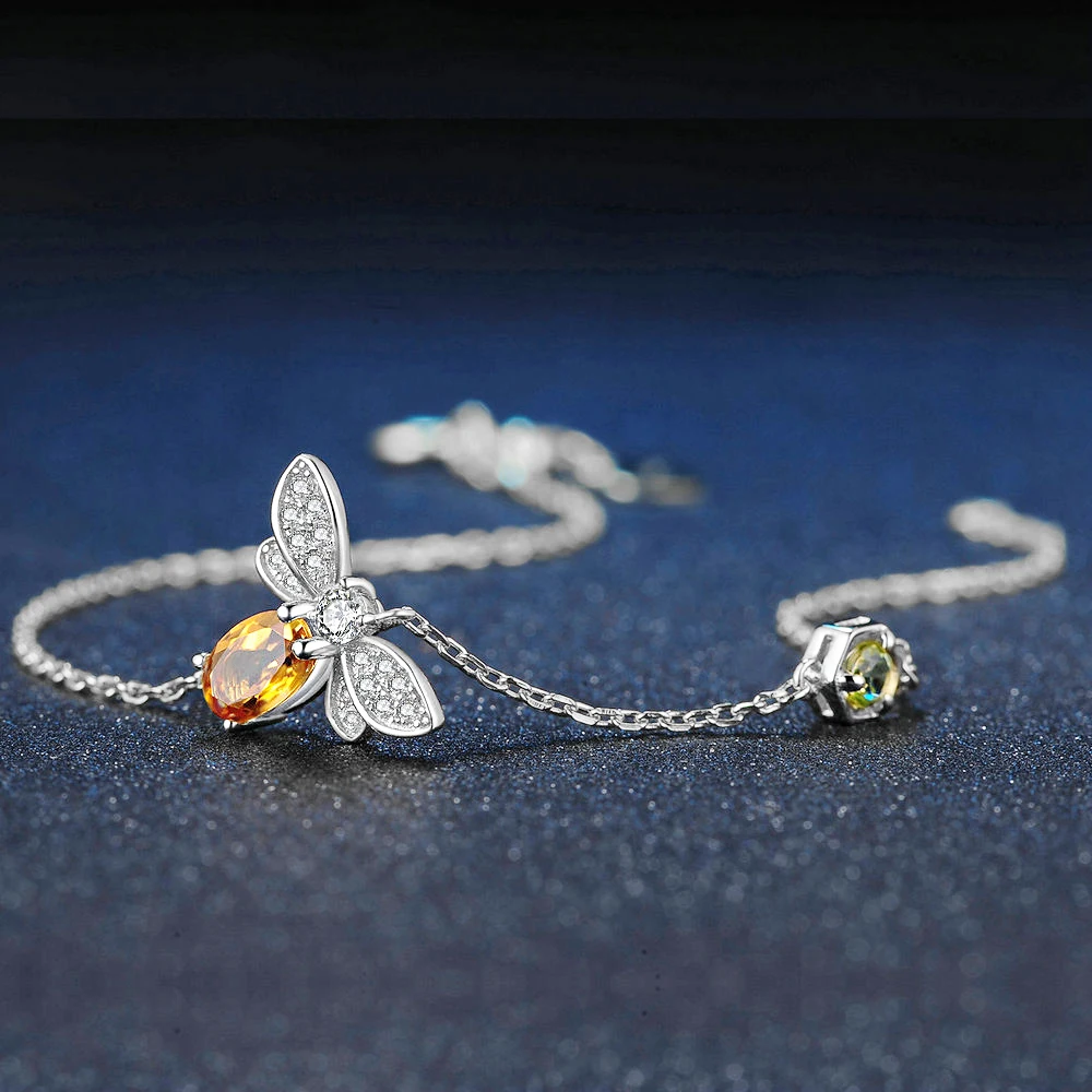 Lamon Love Bee 925 пробы Серебряный браслет женский цитрин драгоценные камни ювелирные изделия с покрытием из белого золота Цепочка дизайнерские украшения LMHI059