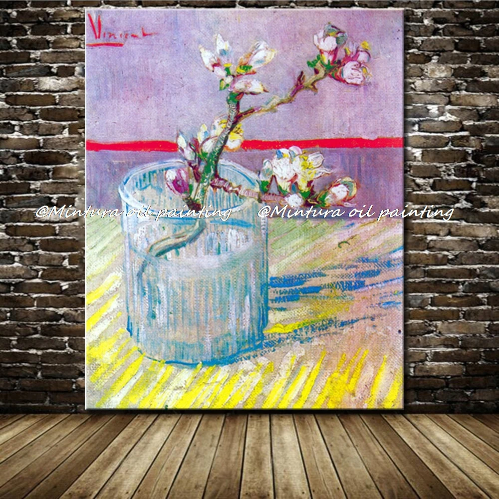 

Blossoming Almond Branch in a Glass Of Vincent Van Gogh Handpainted High Q Reproduction Oil Painting On Canvas Free Shipping