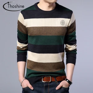 Бренд Thoshine весна-осень, стильный мужской тонкий вязаный свитер с круглым вырезом, полосатый узор, кашемировый пуловер, повседневный трикотажный длинный свитер