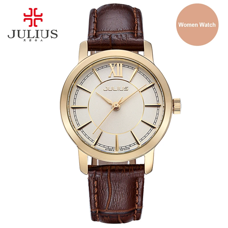 Элегантные женские часы Julius с круглым ремешком и кожаным простые серебристые