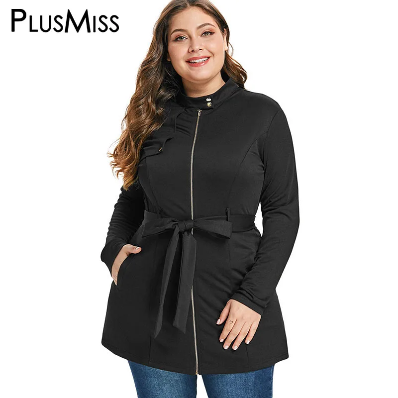 PlusMiss размера плюс 5XL L черная туника на молнии с воротником стойкой и поясом