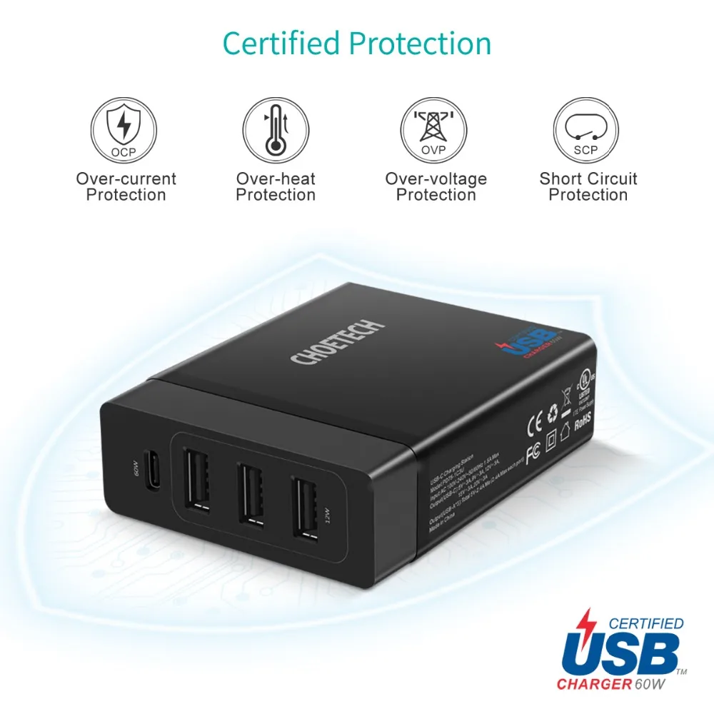CHOETECH зарядное устройство USB multi usb C 72 Вт 4 порта Тип PD станция type-C для MacBook Pro iPad iPhone XS