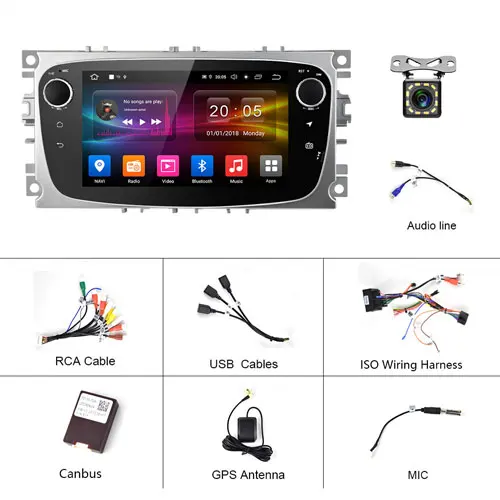 Podofo Автомобильный мультимедийный dvd-плеер Android 9,0 2 Din gps Авторадио для Ford Focus Mondeo Kuga C-MAX S-MAX Galaxy Bluetooth стерео - Цвет: With 12 LED Camera