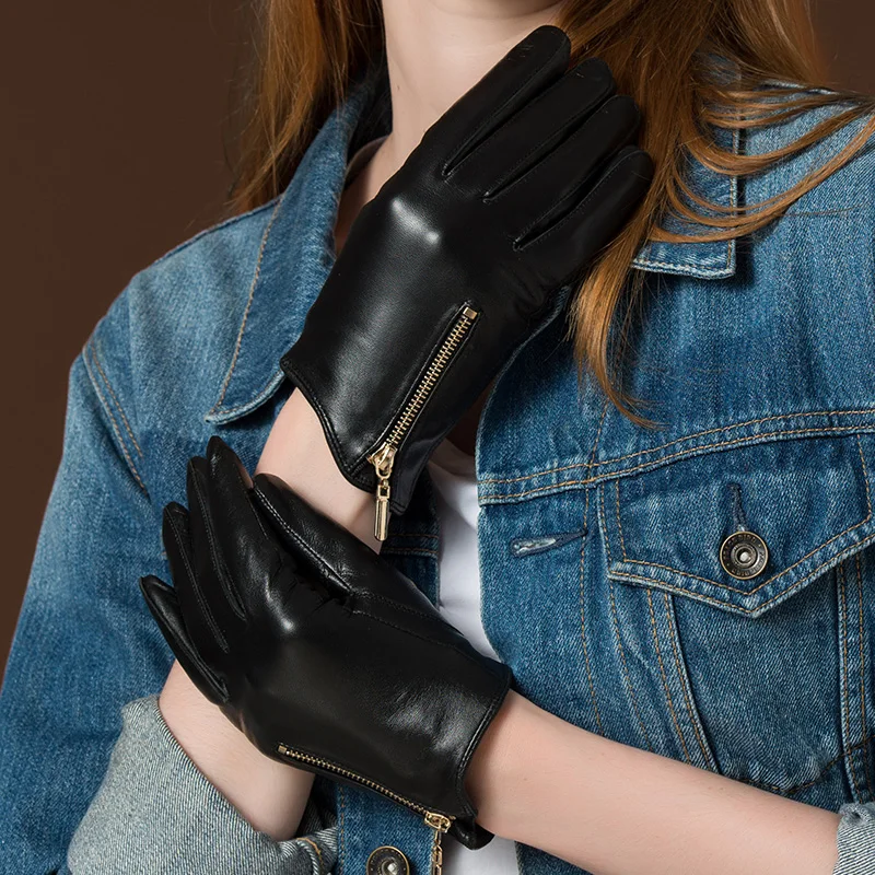 

High Quality Women's Fashion Casual Winter Warm Genuine Leather Gloves Touch Screen Mittens Black Plus Velvet Warm Driving Glove
