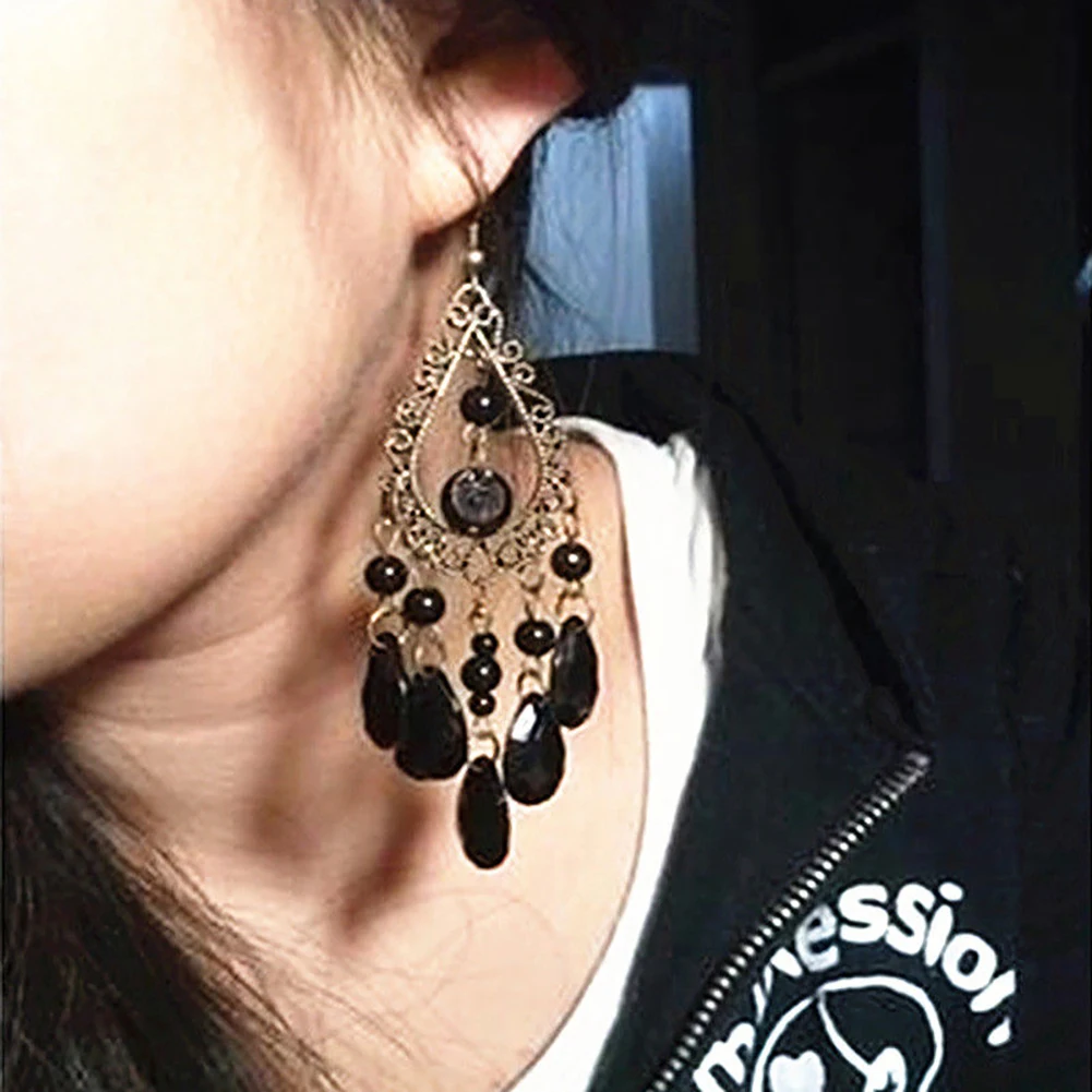Women Boho Party Jewelry Hollow Water Drop Beads Long Dangle Hook Earrings Decor | Украшения и аксессуары