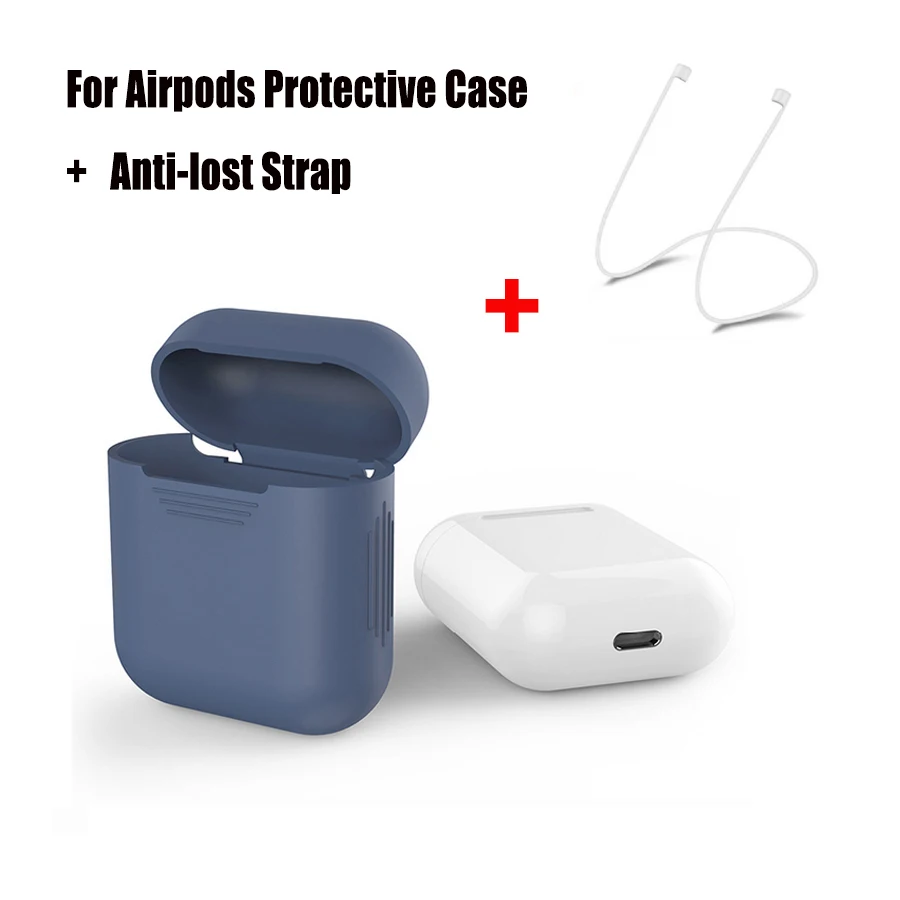 Чехол для Apple AirPods силиконовый синего цвета ударопрочный протектор + шнур ремня