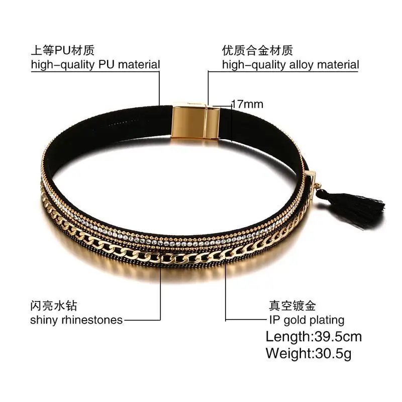 SIZZZ 38.5cm Long 17mm Wide Alloy PU Leather Collar Gold Plating Necklace For Girl/Women | Украшения и аксессуары