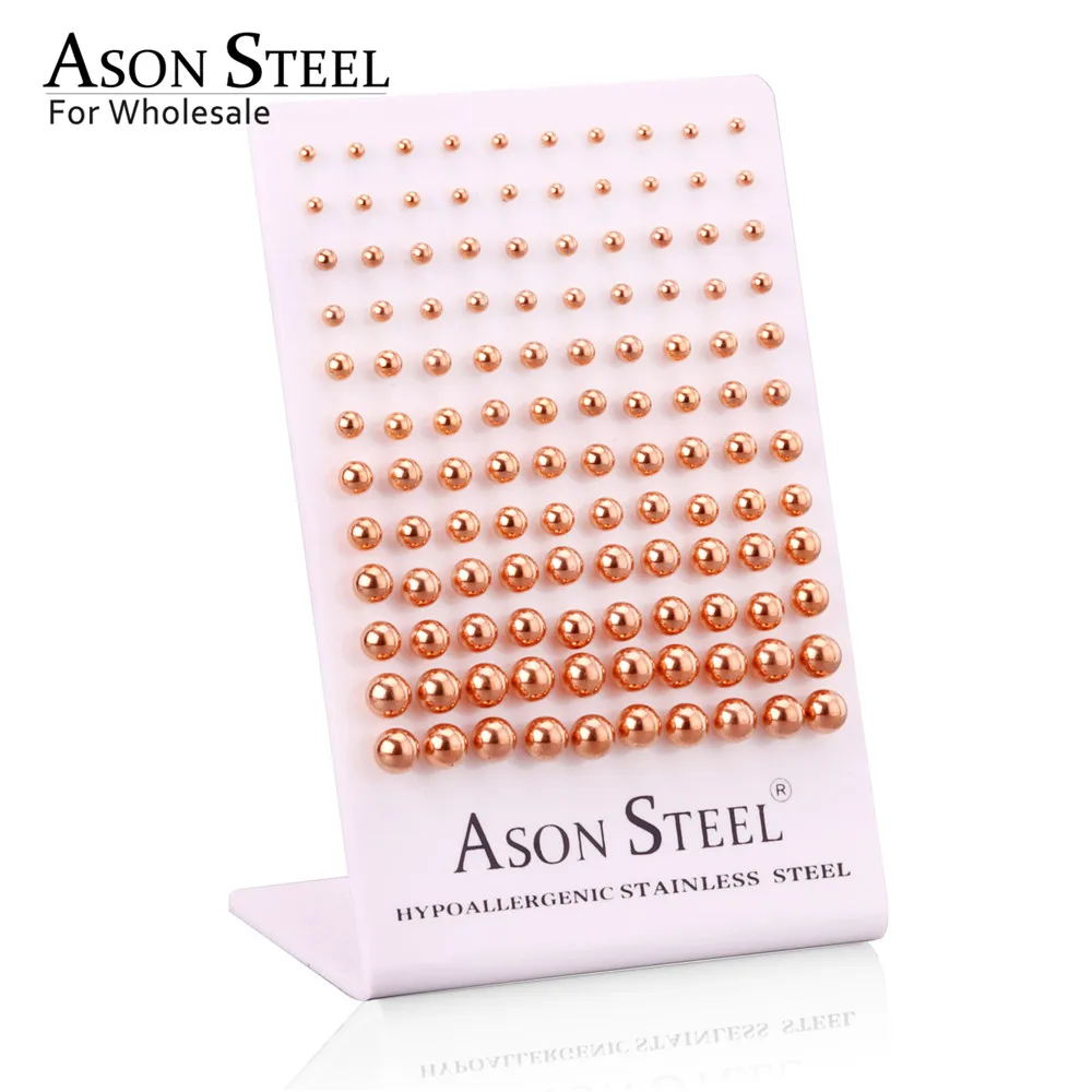 ASONSTEEL 60 пар/лот хирургические серьги-шарики золото/серебро/черный/розовое золото Размер 3 мм-8 мм серьги-гвоздики колье для женщин - Окраска металла: Rose Gold