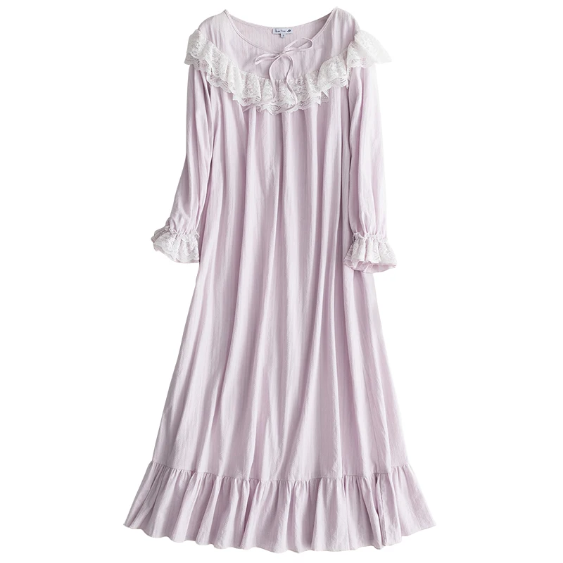 Free Shipping 100% Cotton Princess Nightdress Royal Nightgowns Women's Long Pijamas Purple and Pink Sleepwear Girl Home Cloth | Женская