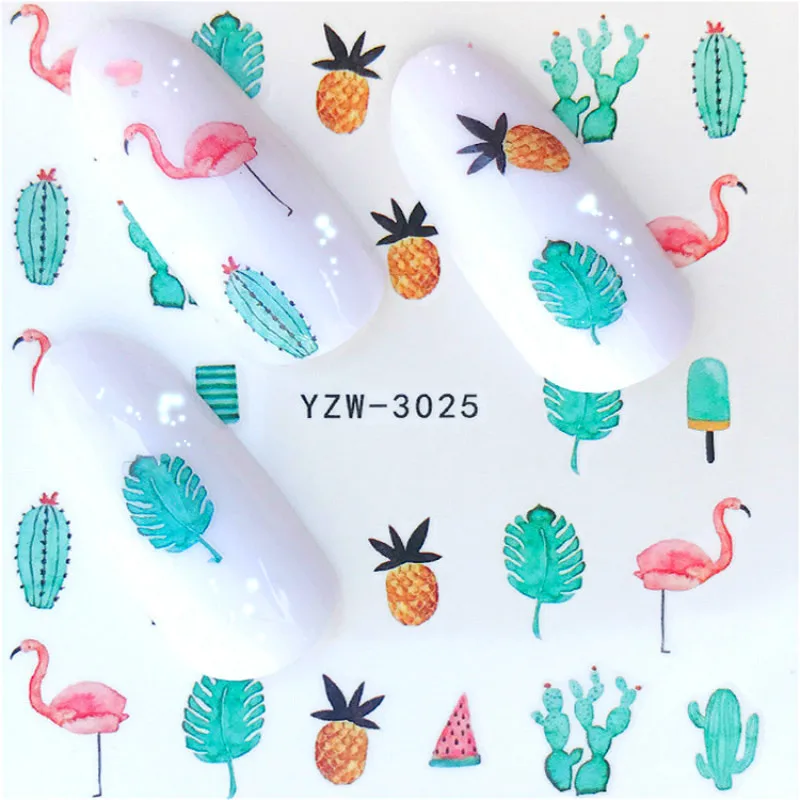 2 листа Фламинго наклейки для ногтей зеленые кактусы переводные 3d ярко розовые