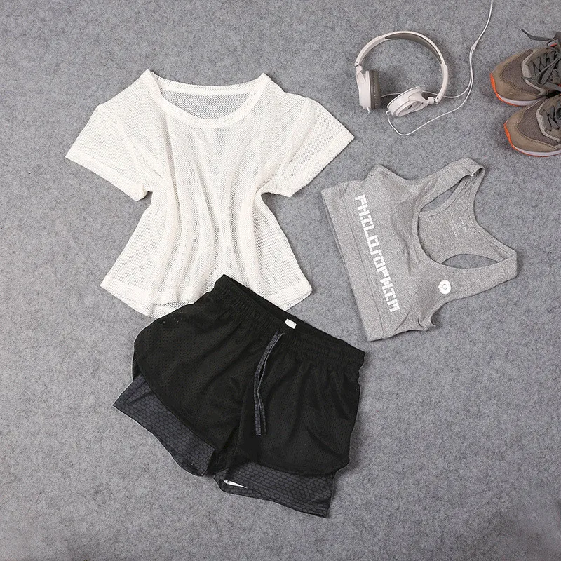 Sport Wear Three Piece Yoga Set Shirt for Women Sports Bra Fitness Flare Pants Leggings Tracksuit Gym 15 Colours | Спорт и