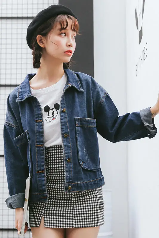

Korean Fashion Women Denim Jacket Loose Long Sleeve Women Coat Large Size Big Pockets Jean Jacket Female