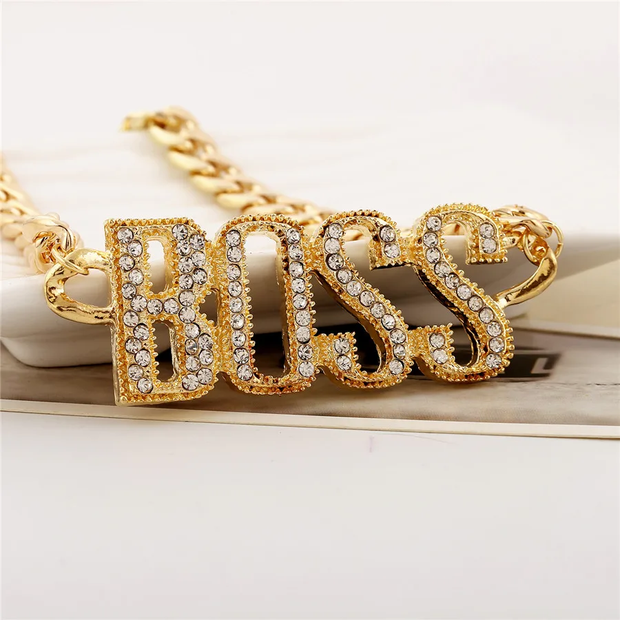 Yidensy Punk Crystal Letter Boss Pendant Necklaces Gold Silver Color Wide Flat Chain Necklace Hip Hop Jewelry for Men Women images - 6