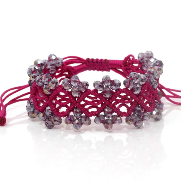 Женский браслет с кристаллами ручной работы черный/фиолетовый плетеный на