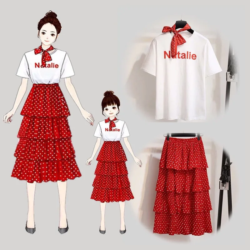 

Family Matching Clothes 2019 Summer New Mother and Daughter Clothing Sets Kids Cute Short Sleeve T Shirt+polka Dot Skirt Suits