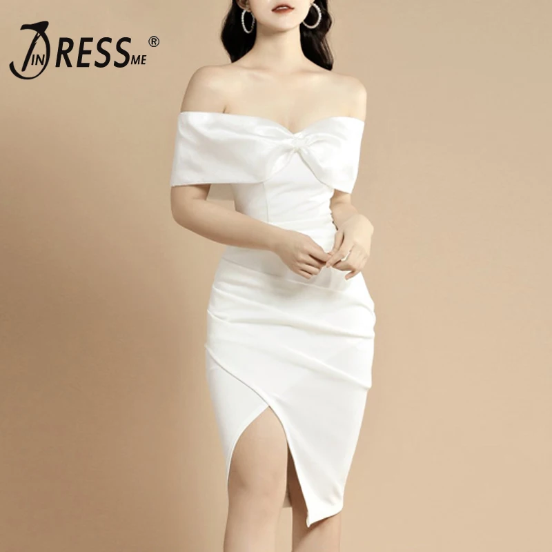 Женское облегающее платье с открытыми плечами INDRESSME однотонное коротким рукавом