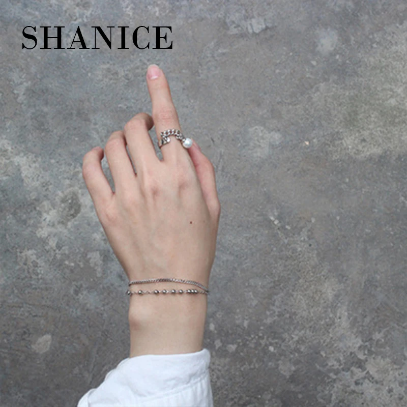 SHANICE 925 стерлингового серебра открытые кольца цепь с жемчугом модные серебряные ювелирные изделия для женщин Регулируемый подарок