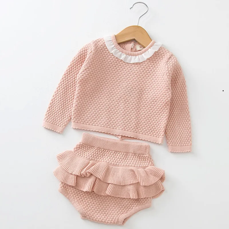 B83S04 Pink Одежда для детей от 0 до 2 лет Новинка года, осенний костюм для маленьких девочек Трикотажная хлопковая блузка с длинными рукавами+ шорты с листьями лотоса комплект одежды для малышей - Color: B83S04 Pink