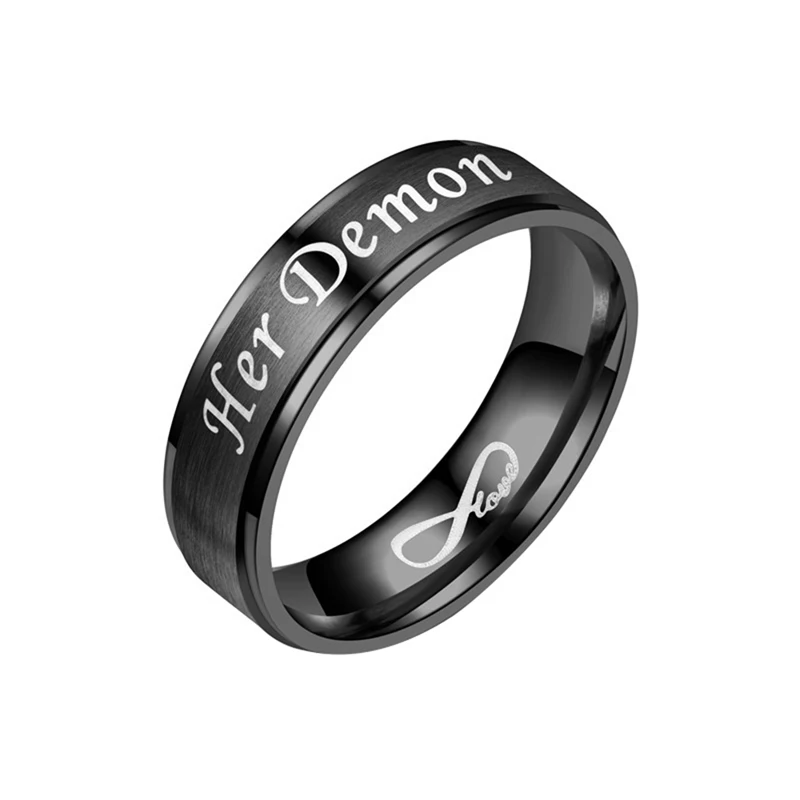 Мужское и женское кольцо Infinity Love Her Demon His Angel с голубыми буквами ширина титановой
